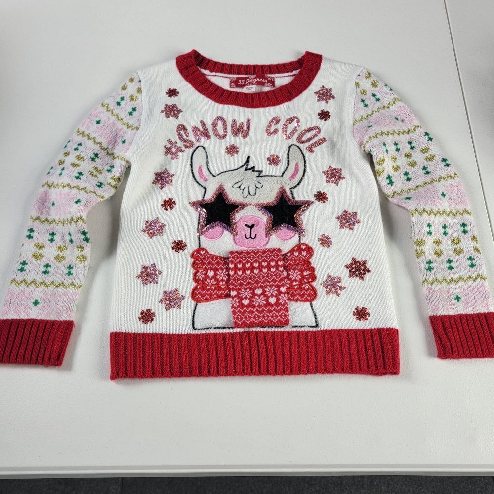 33 Degrees Llama Sweater Girls M 7/8 White/Red Long Sleeve Pullover Acrylic